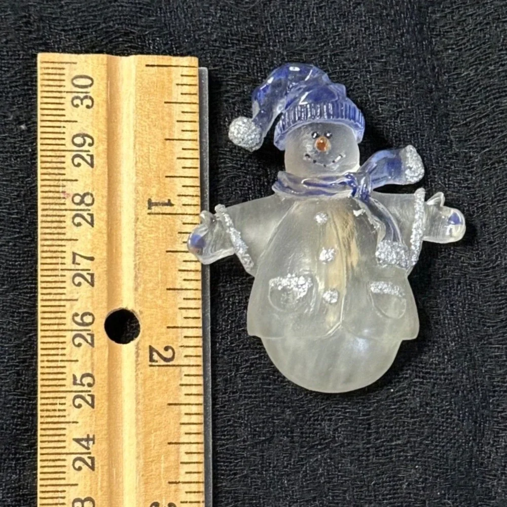 Snowman Brooch Pin Clear Acrylic Blue Hat Glitter Holiday Winter